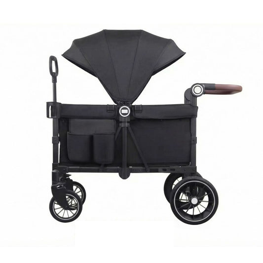 Kinder King All-Terrain Wagon Stroller for 2 Kids with Canopy, Shock-Absorbing Wheels, Leather Handle, Snack Tray & Storage, Black