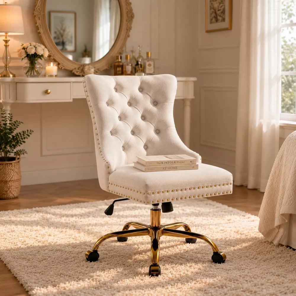 LauKingdom Velvet Office Chair with Tufted Back Gold Metal Base Adjustable 360° Swivel Desk Vanity Chair for Home Office Bedroom