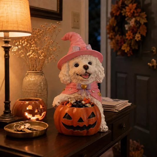 LauKingdom 12.6in Halloween White Teddy Puppy Figurine Witch Pumpkin Candy Bowl Resin Decor for Table Shelf Mantel Entryway Gift for Dog Lovers