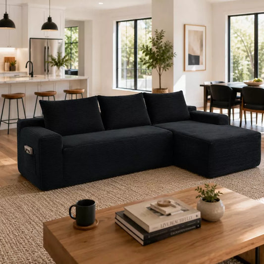 96.9" Cloud Sectional Couch with Right Chaise, Modern Deep Seat Modular Sofa, No Assembly Corduroy L-Shaped Couch for Living Room