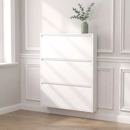 Metal Shoe Cabinet with 2 Flip Drawers, Wall-Mounted Slim Shoe Storage Organizer for Entryway, Hallway, Apartment & Mudroom, Narrow Hidden Shoe Rack