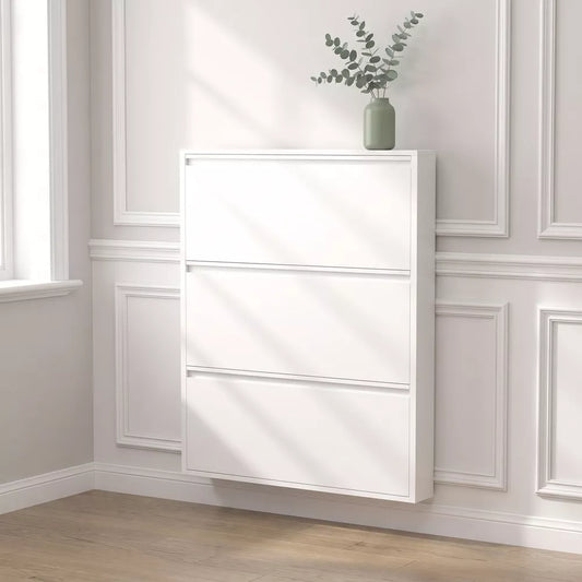 Metal Shoe Cabinet with 2 Flip Drawers, Wall-Mounted Slim Shoe Storage Organizer for Entryway, Hallway, Apartment & Mudroom, Narrow Hidden Shoe Rack