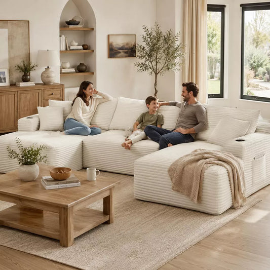 134" U-Shaped Cloud Sectional Sofa, Plush Corduroy 5-Seat Couch with Double Chaise, Cup Holders and Side Pockets for Living Room