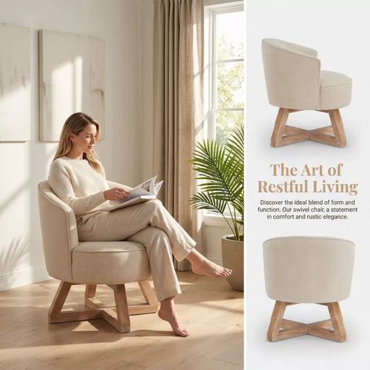 Beige Linen Swivel Chair with Wooden Cross Base, 360° Rotating Lounge Chair, Modern Cozy Accent Chair for Living Room, Bedroom & Office