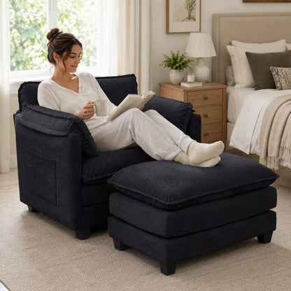 55.32" Oversized Boucle Accent Chair with Ottoman, Deep Seat Lounge Chair with Pillows and Side Pockets for Living Room Bedroom