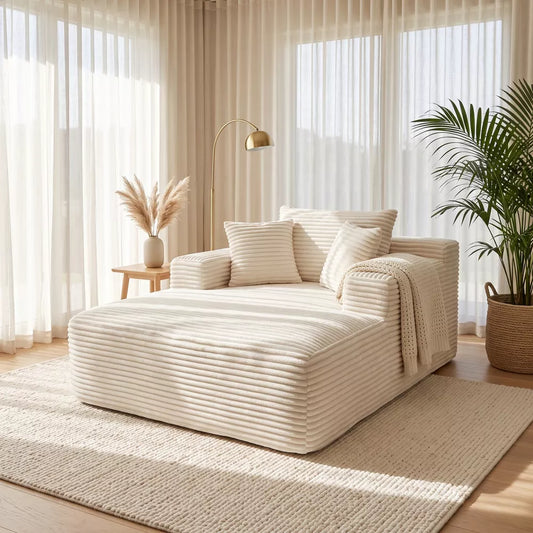 49" Ivory Beige Oversized Corduroy Chaise Lounge Chair for Warm Minimalism Living Room Cozy Nook No Assembly Required Sofa Bed