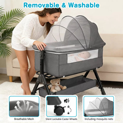 3 in 1 Baby Bassinet Bedside Sleeper with Wheels, Mosquito Net, Foldable Crib, Grey