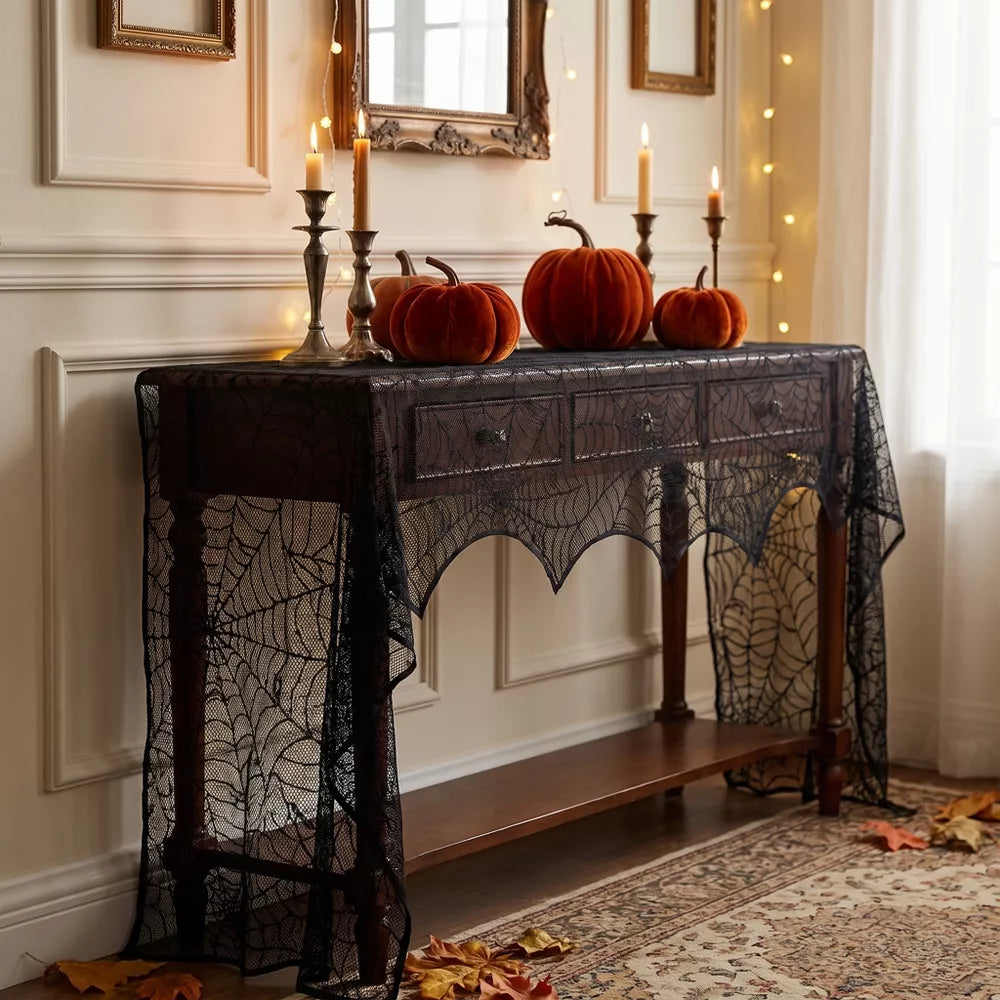 1 or 2-Pack 96"Halloween Lace Mantle Scarf with Spider Web Design, Fireplace Halloween Decor Indoor for Party, Black