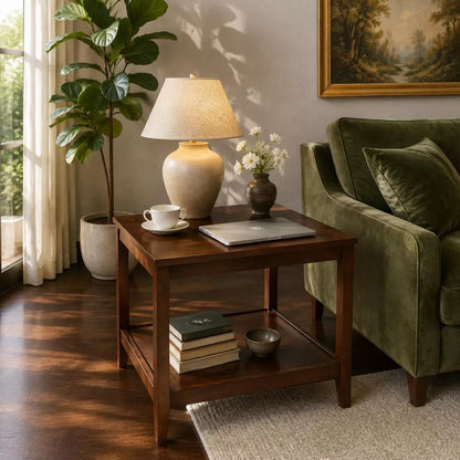 LauKingdom 24" Walnut Brown Solid Wood End Table 2-Tier Square Side Table with Storage Shelf for Living Room Bedroom & Small Spaces