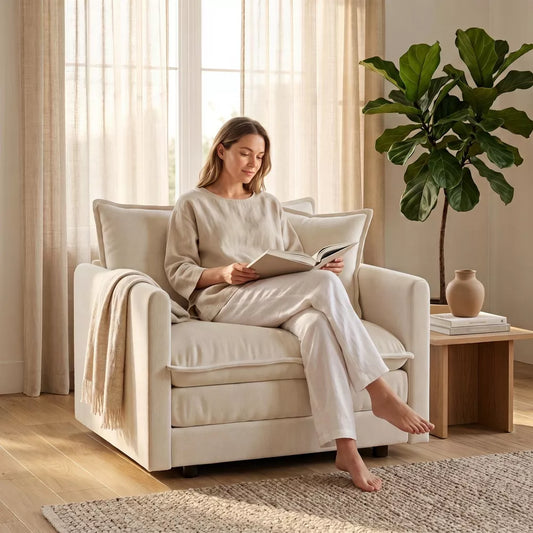 LauKingdom Apricot Oversized Accent Chair With Toss Pillow Deep Seat Chenille Reading Sofa For Living Room Bedroom Dorm