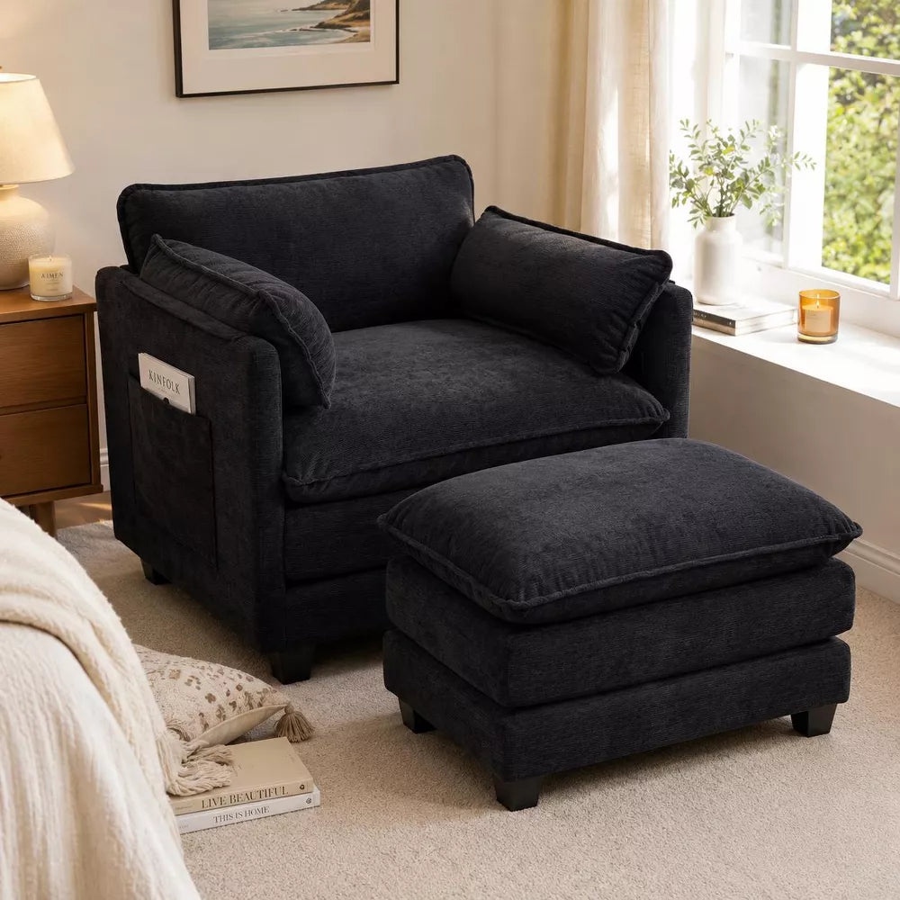 55.32" Oversized Boucle Accent Chair with Ottoman, Deep Seat Lounge Chair with Pillows and Side Pockets for Living Room Bedroom