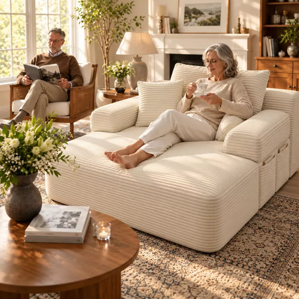 LauKingdom Oversized Corduroy Convertible Sofa Bed, 2-in-1 Frameless Chaise Lounge with 3 Pillows and Side Pockets for Apartment, Dorm and Guest Room