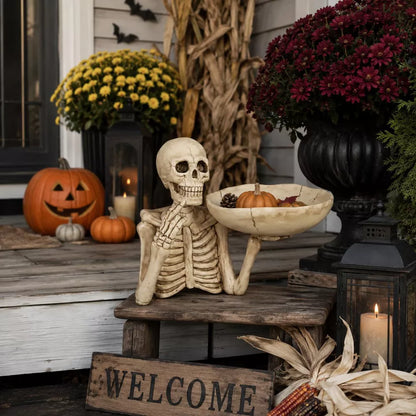Halloween Skull Tray with Bowl Skeleton Decorative Figurine Catchall Holder for Indoor Outdoor Gothic Home Decor, Aged Bone