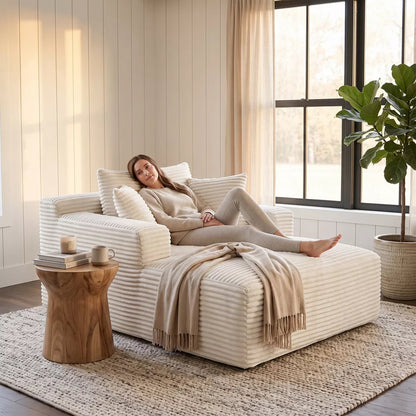 49" Ivory Beige Oversized Corduroy Chaise Lounge Chair for Warm Minimalism Living Room Cozy Nook No Assembly Required Sofa Bed