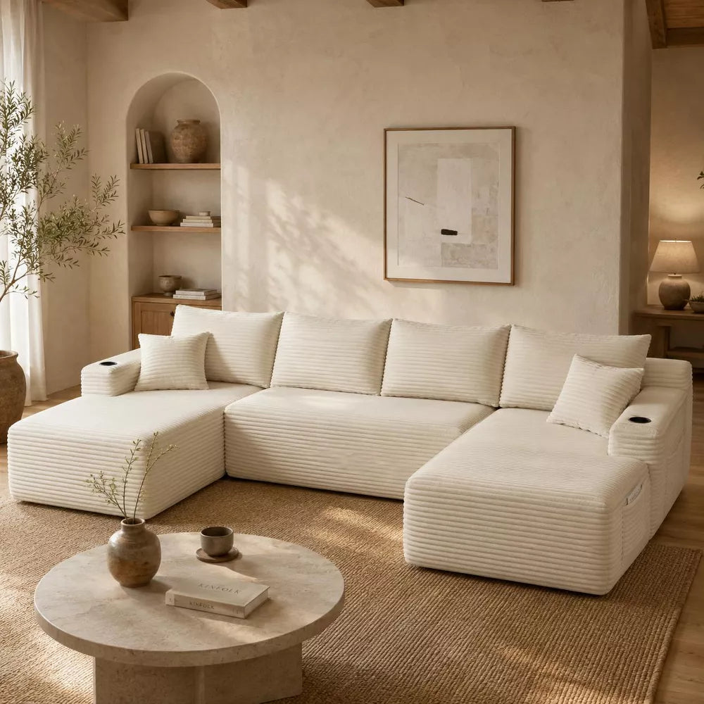 134" U-Shaped Cloud Sectional Sofa, Plush Corduroy 5-Seat Couch with Double Chaise, Cup Holders and Side Pockets for Living Room