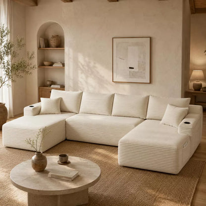 134" U-Shaped Cloud Sectional Sofa, Plush Corduroy 5-Seat Couch with Double Chaise, Cup Holders and Side Pockets for Living Room