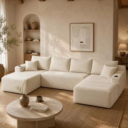 134" U-Shaped Cloud Sectional Sofa, Plush Corduroy 5-Seat Couch with Double Chaise, Cup Holders and Side Pockets for Living Room