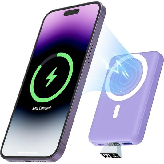 Podoru Wireless Portable Charger, 10000mAh Magnetic Power Bank LED Display 22.5W PD Fast Charging Battery Pack for iPhone 16/15/14/13/12/Mini/Pro/Pro Max-Purple