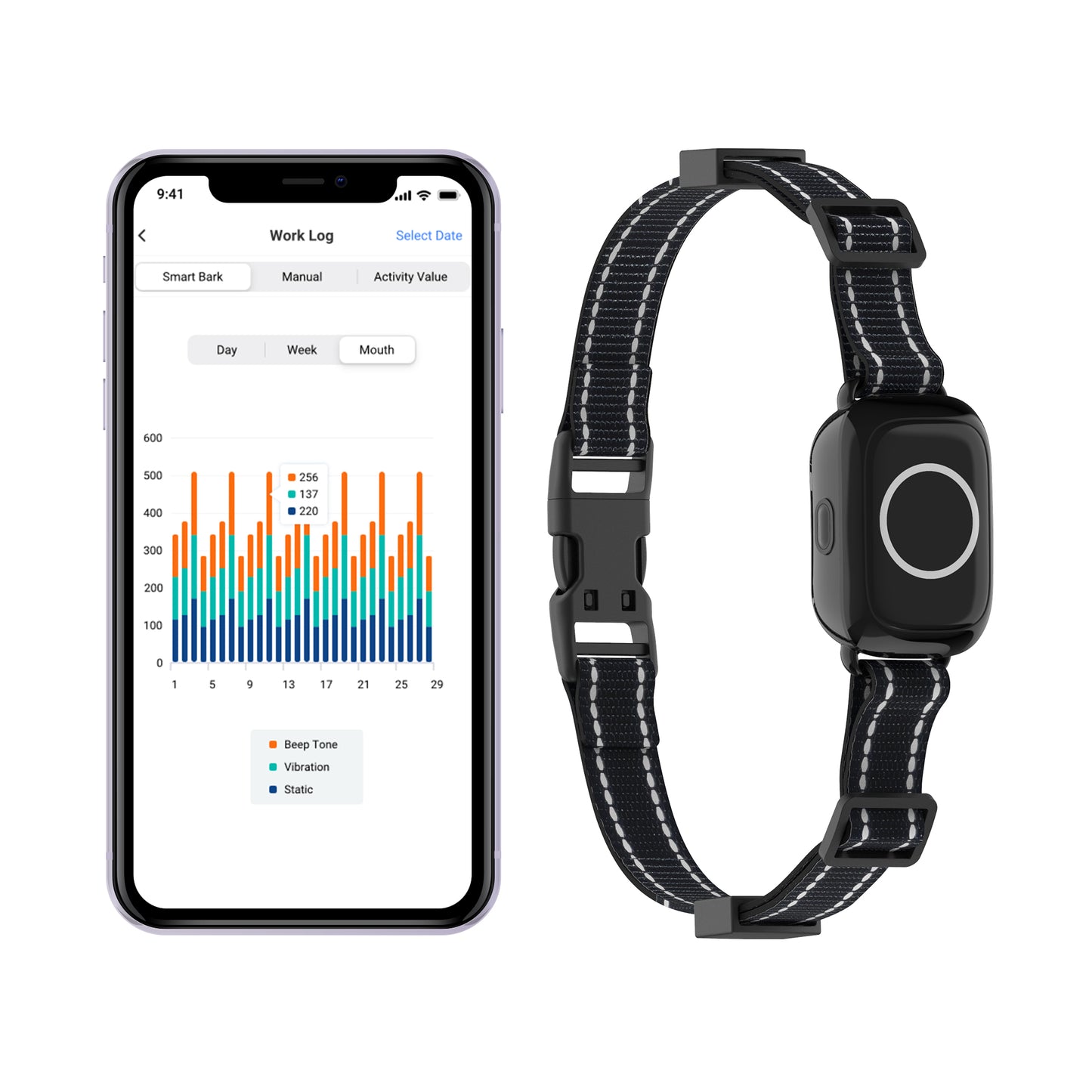 CICPAP Smart Bark Collar with App Control, Automatic Bark Detection, Beep Vibration and 16-Level Static, IPX7 Rechargeable Dog Training Collar