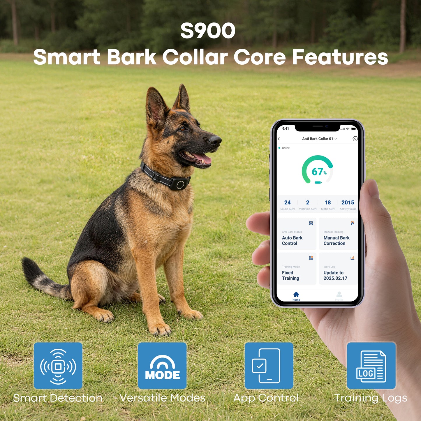 CICPAP Smart Bark Collar with App Control, Automatic Bark Detection, Beep Vibration and 16-Level Static, IPX7 Rechargeable Dog Training Collar