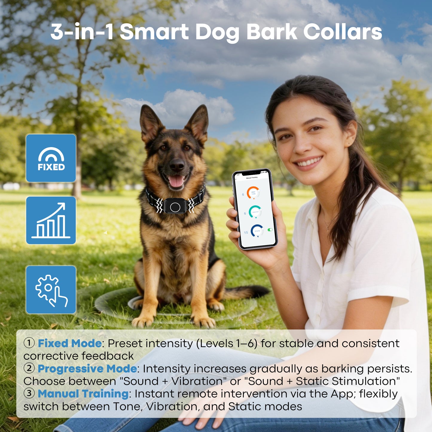 CICPAP Smart Bark Collar with App Control, Automatic Bark Detection, Beep Vibration and 16-Level Static, IPX7 Rechargeable Dog Training Collar