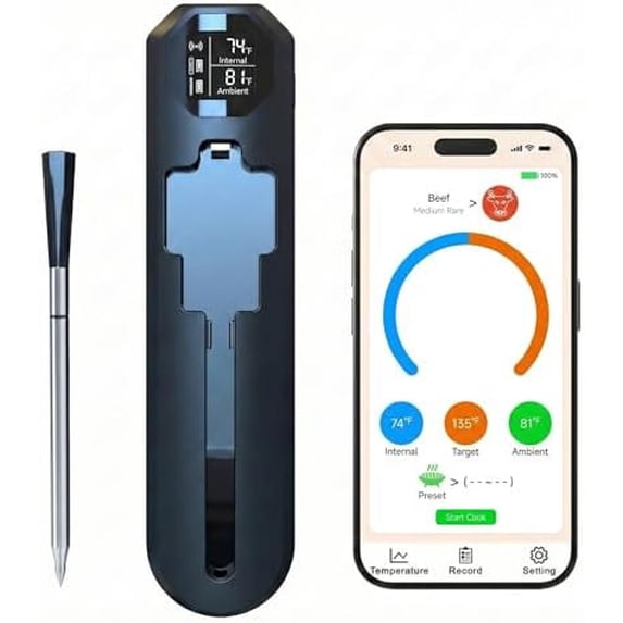 Smart Wireless Meat Thermometer with Display Dock, 820ft Long Range Bluetooth 5.3 Meat Probe for BBQ & Smoker, IP67 Waterproof Dual Sensor Digital Food Thermometer with Ceramic Handle for Oven Grill