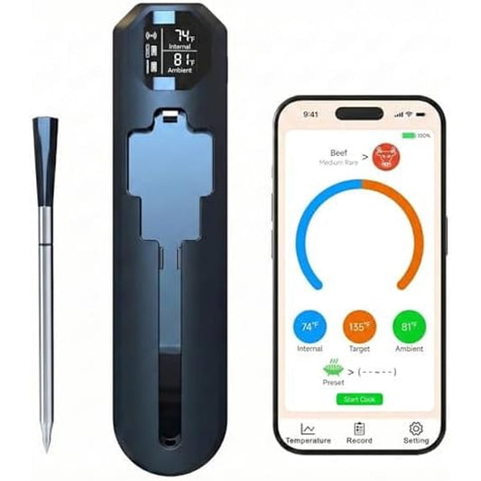 Smart Wireless Meat Thermometer with Display Dock, 820ft Long Range Bluetooth 5.3 Meat Probe for BBQ & Smoker, IP67 Waterproof Dual Sensor Digital Food Thermometer with Ceramic Handle for Oven Grill